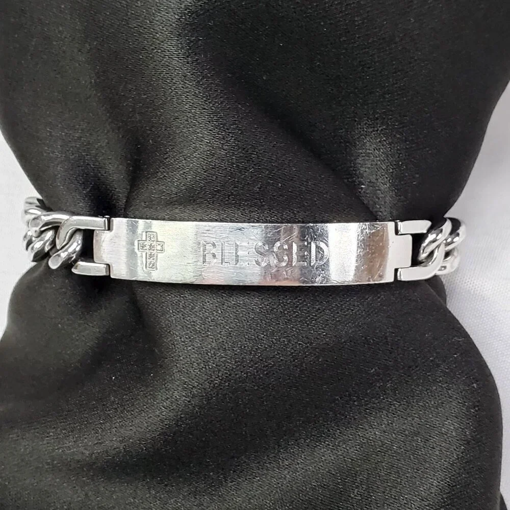 Mens Christian Blessed Cross Bracelet Engraved Stainless Steel Cuban Chain 8.25